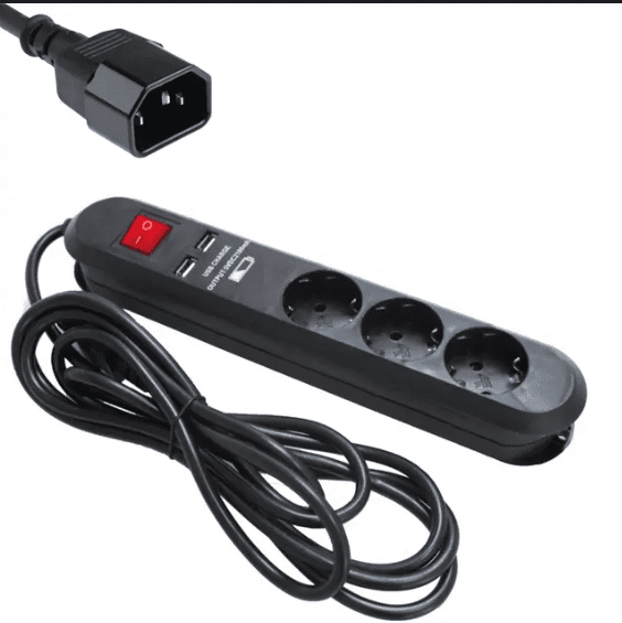 🔌 Bloco de Tomadas 3-Way – 3 Metros, Preto c/ 2x USB