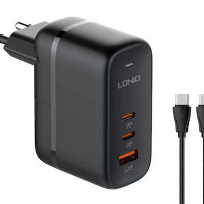 Imagem ilustrativa - Carregador LDNIO 65W com 2 portas USB-C, 1 USB-A e cabo